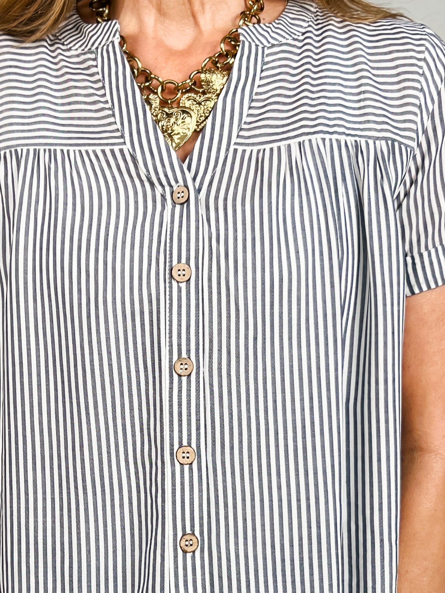 Stripe Split Neck Button Down Short Sleeve Top