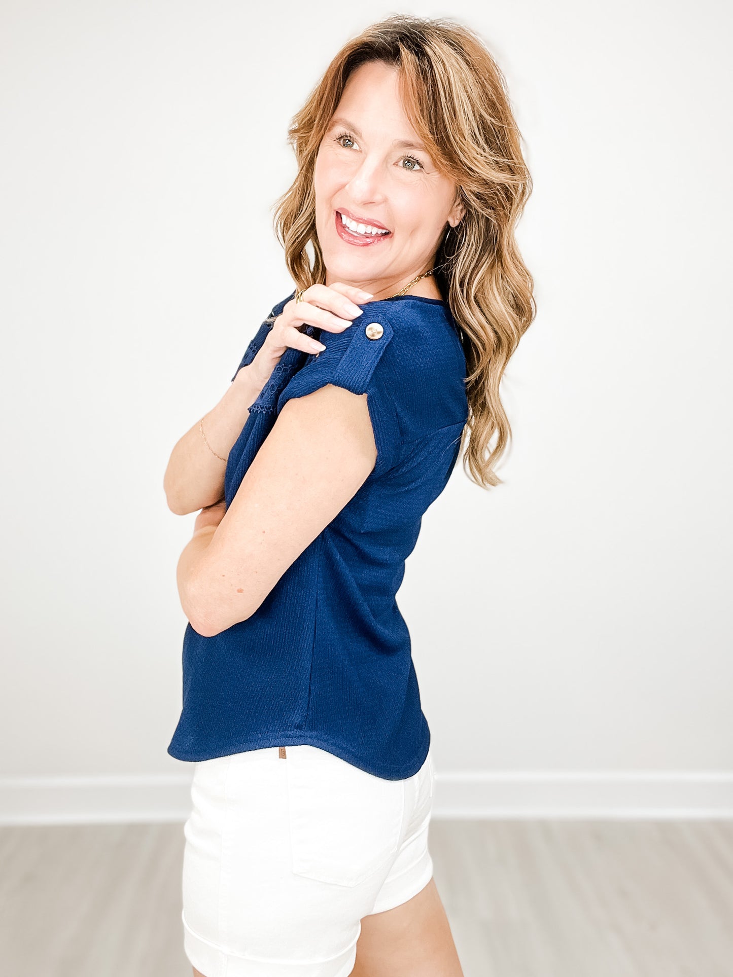 Short Tab Sleeve Lace Trim Crinkle Knit Top