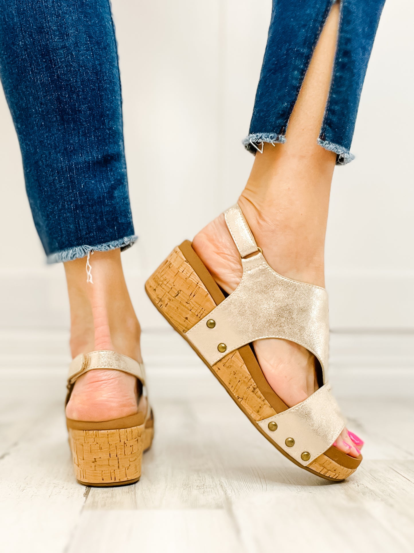 Corkys Refreshing Washed Gold Metallic Wedge Sandal