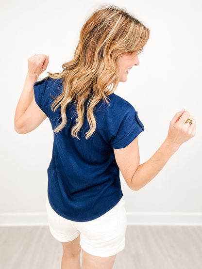 Short Tab Sleeve Lace Trim Crinkle Knit Top