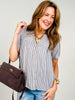 Stripe Split Neck Button Down Short Sleeve Top