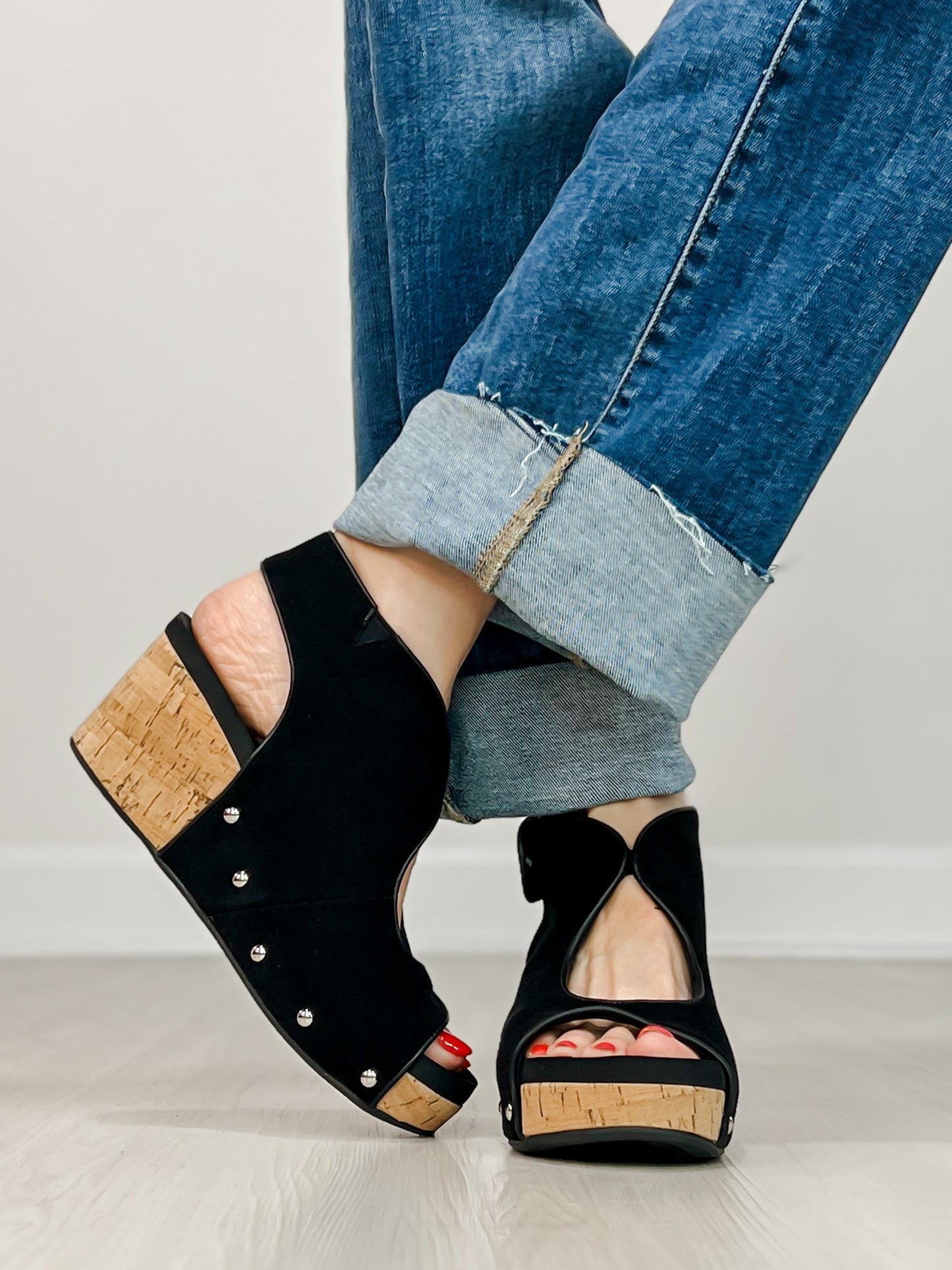 Corkys Frisky Wedge Sandals in BLACK FAUX SUEDE