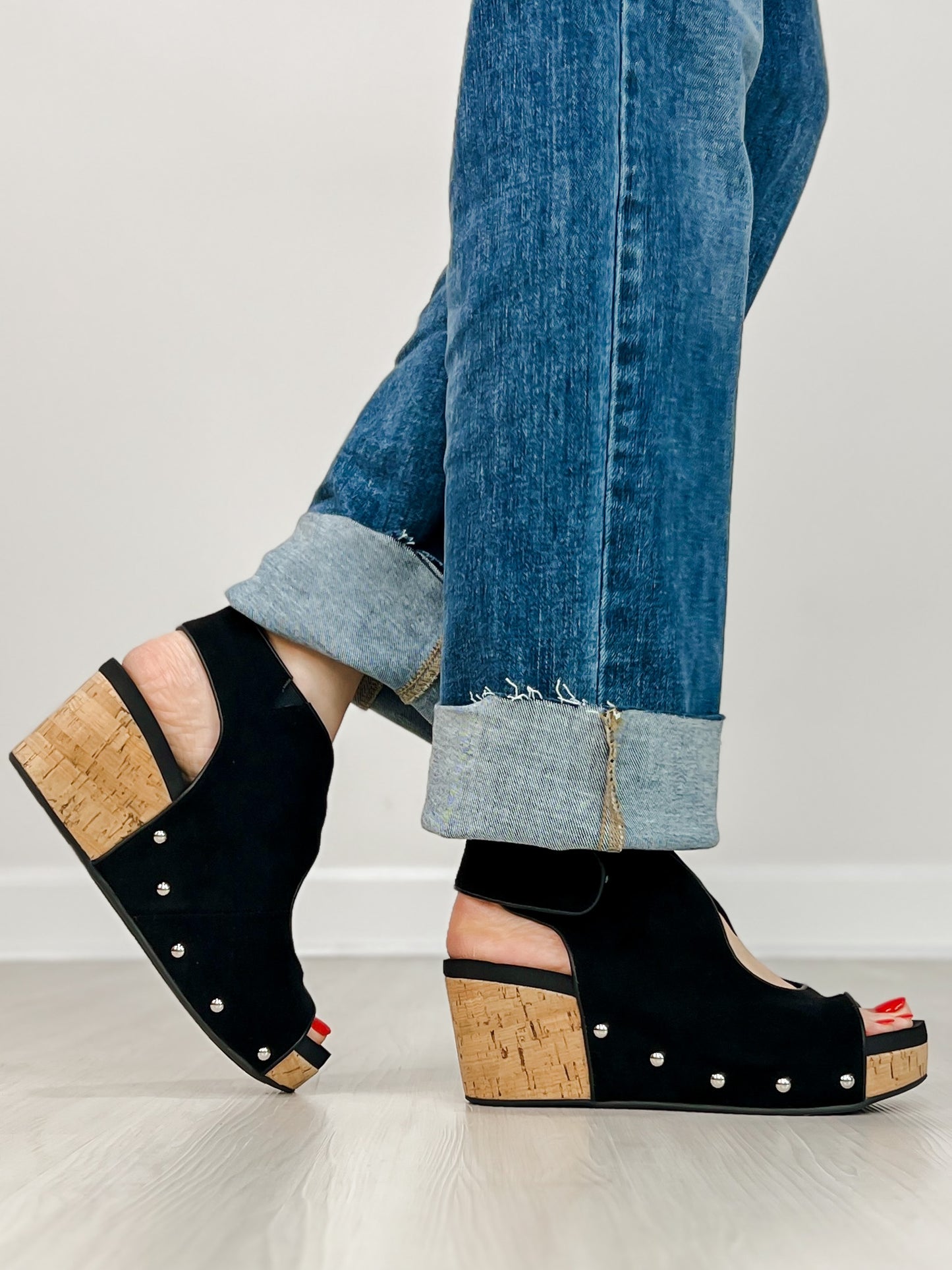 Corkys Frisky Wedge Sandals in BLACK FAUX SUEDE