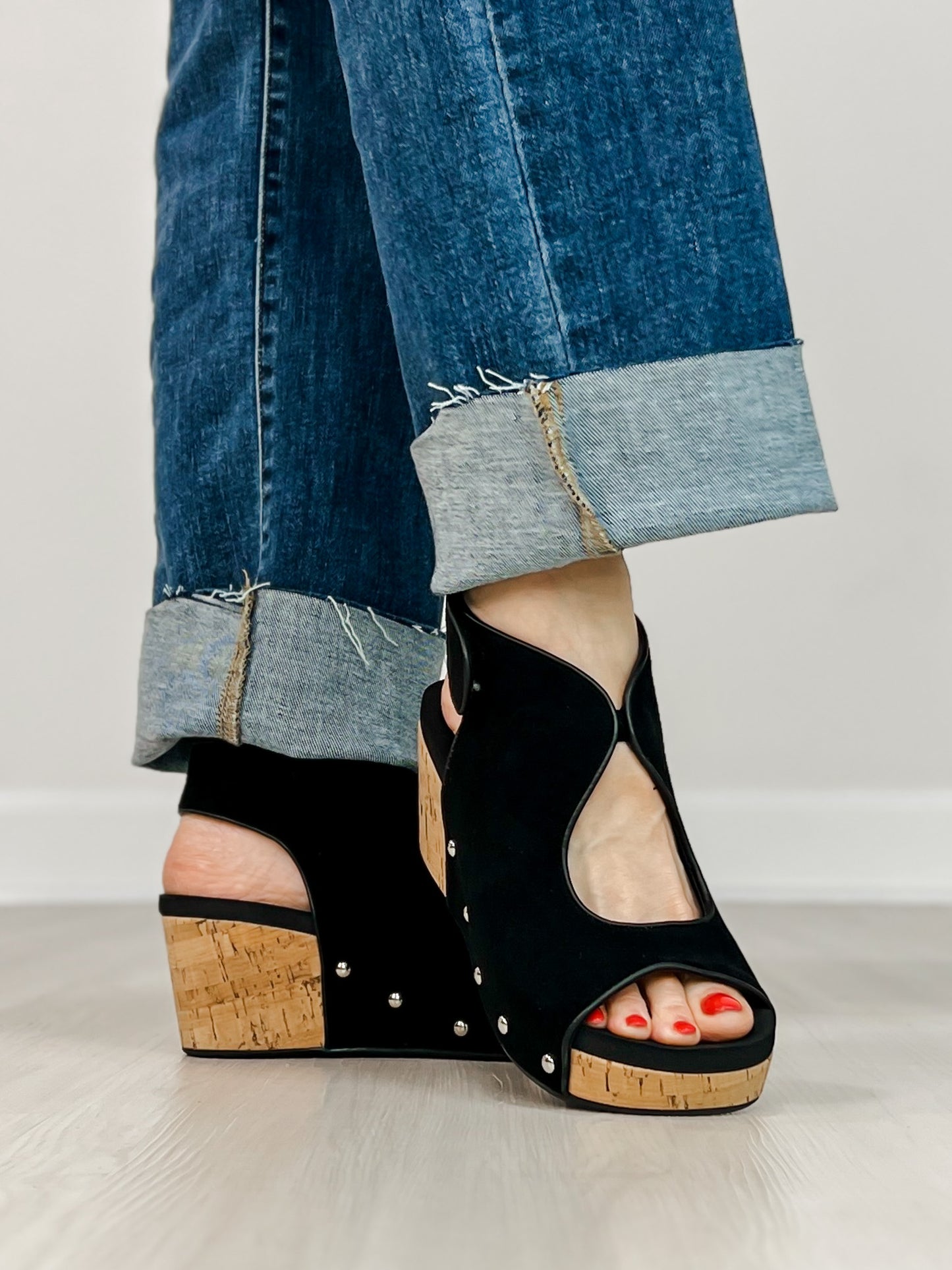 Corkys Frisky Wedge Sandals in BLACK FAUX SUEDE