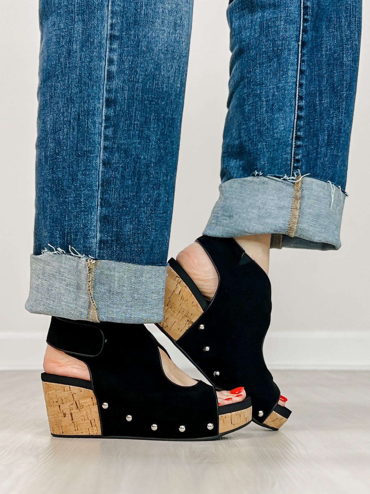 Corkys Frisky Wedge Sandals in BLACK FAUX SUEDE