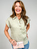 Collared Half Button Short Sleeve Linen Blend Top