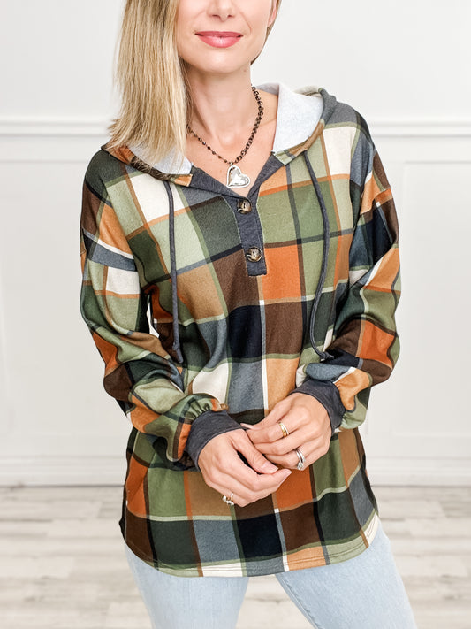 Multi Color Long Sleeve Plaid Hoodie Henley Top