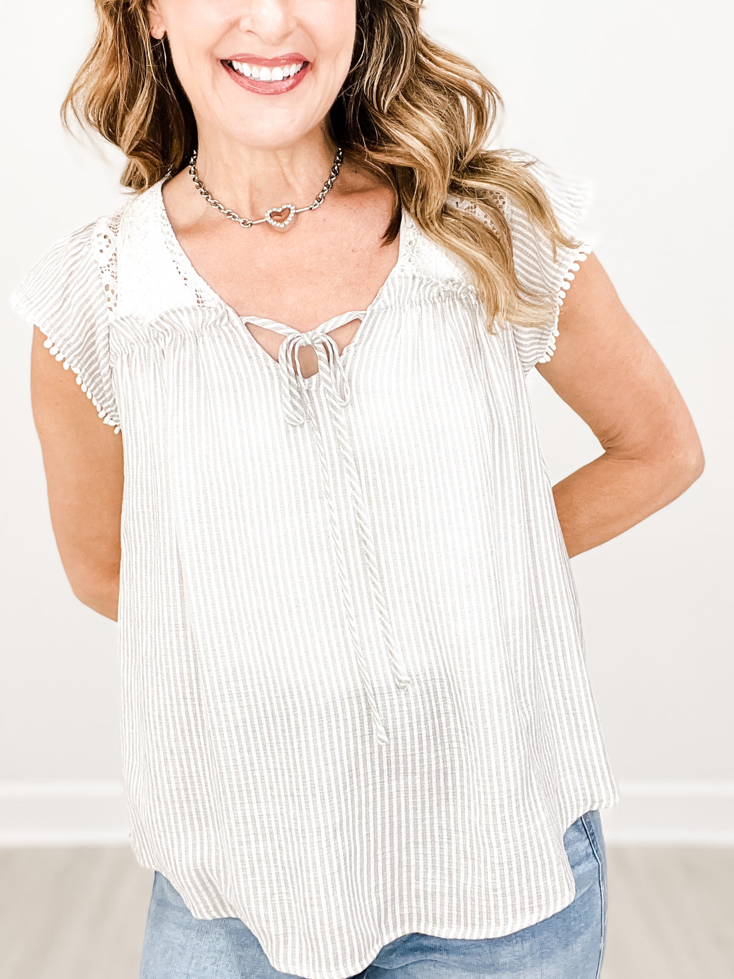 Sleeveless Floral Lace with Tie V-Neckline Top