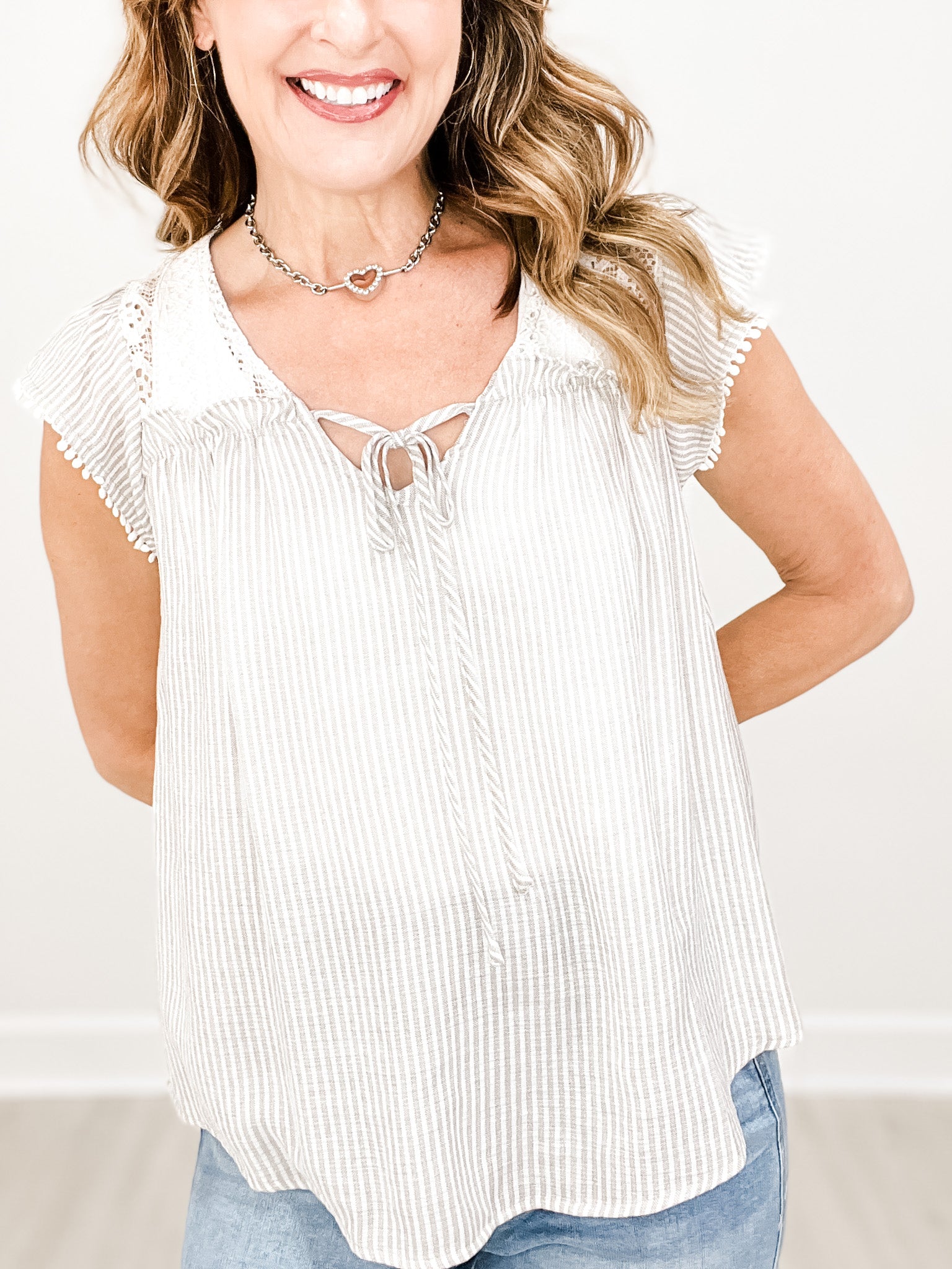 Sleeveless Floral Lace with Tie V-Neckline Top