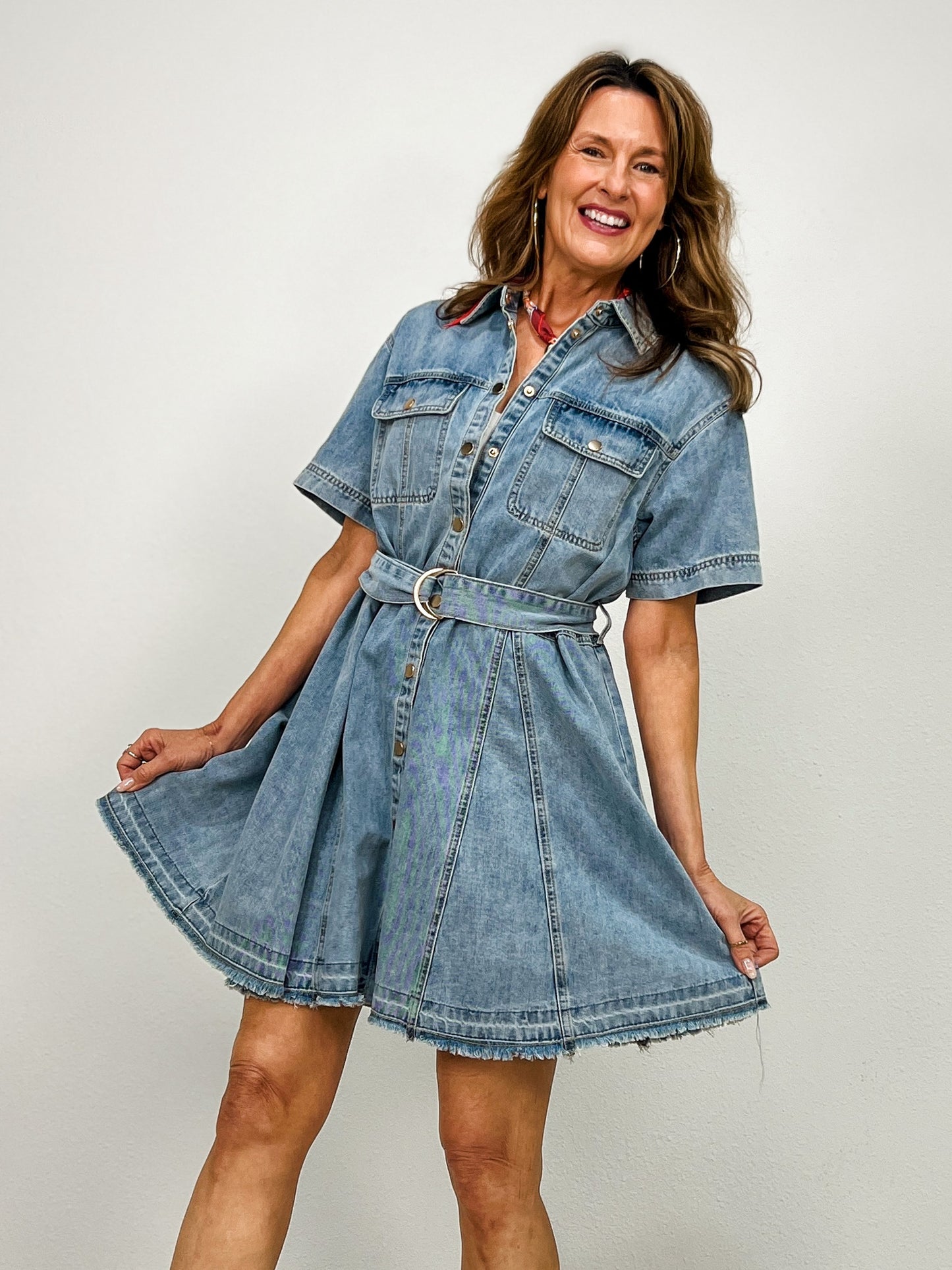 Belted Denim Shirt Mini Dress