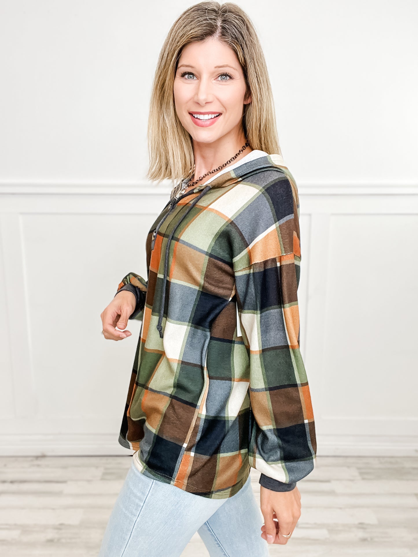 Multi Color Long Sleeve Plaid Hoodie Henley Top