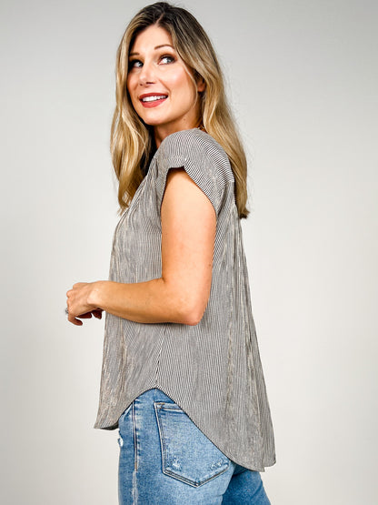 Pinstripe Short Cuffed Sleeve Button Down Top