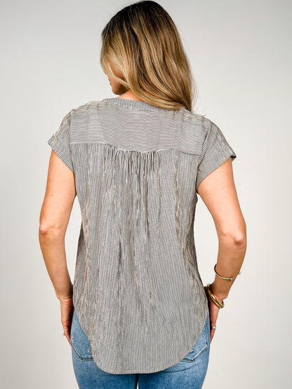 Pinstripe Short Cuffed Sleeve Button Down Top