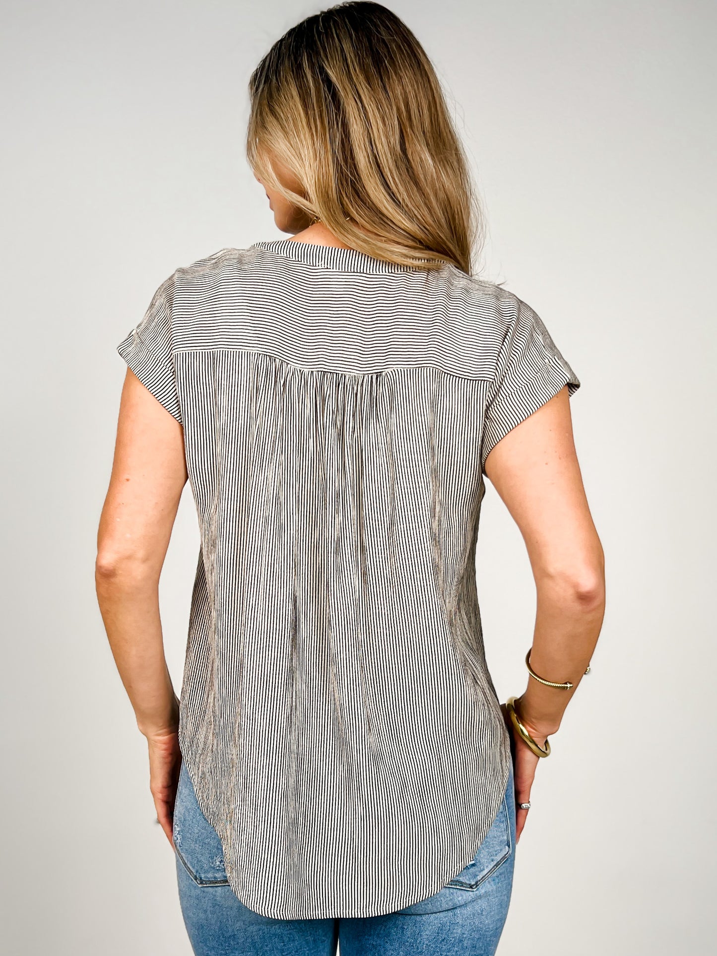 Pinstripe Short Cuffed Sleeve Button Down Top