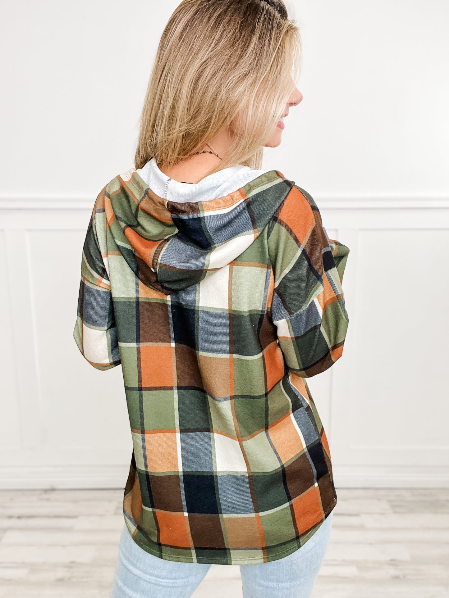 Multi Color Long Sleeve Plaid Hoodie Henley Top