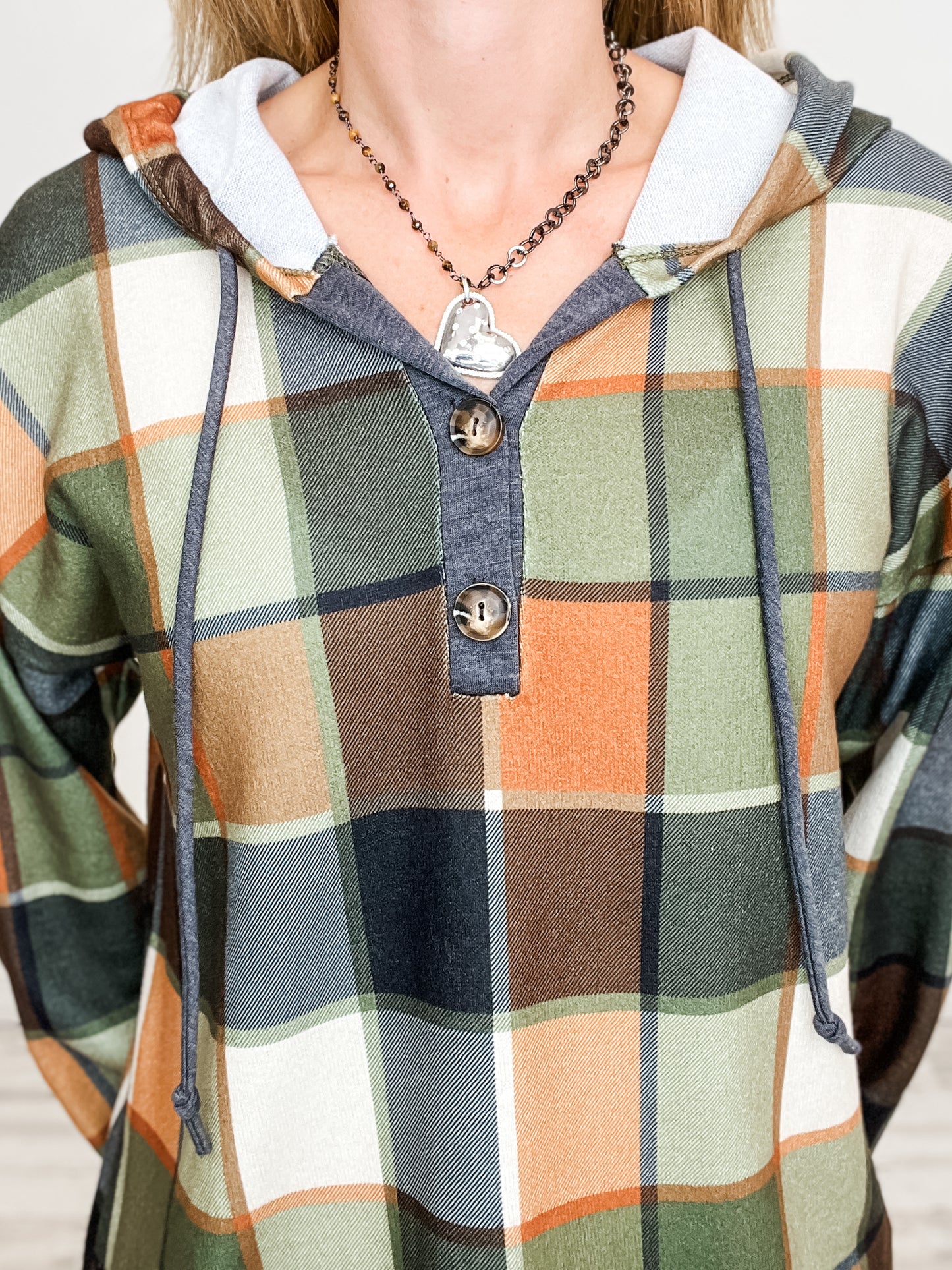 Multi Color Long Sleeve Plaid Hoodie Henley Top