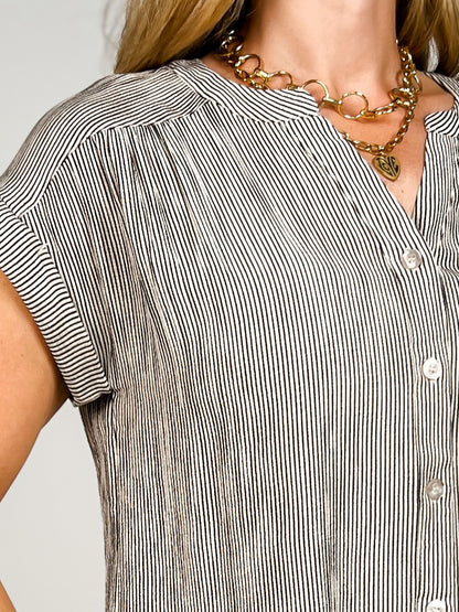 Pinstripe Short Cuffed Sleeve Button Down Top