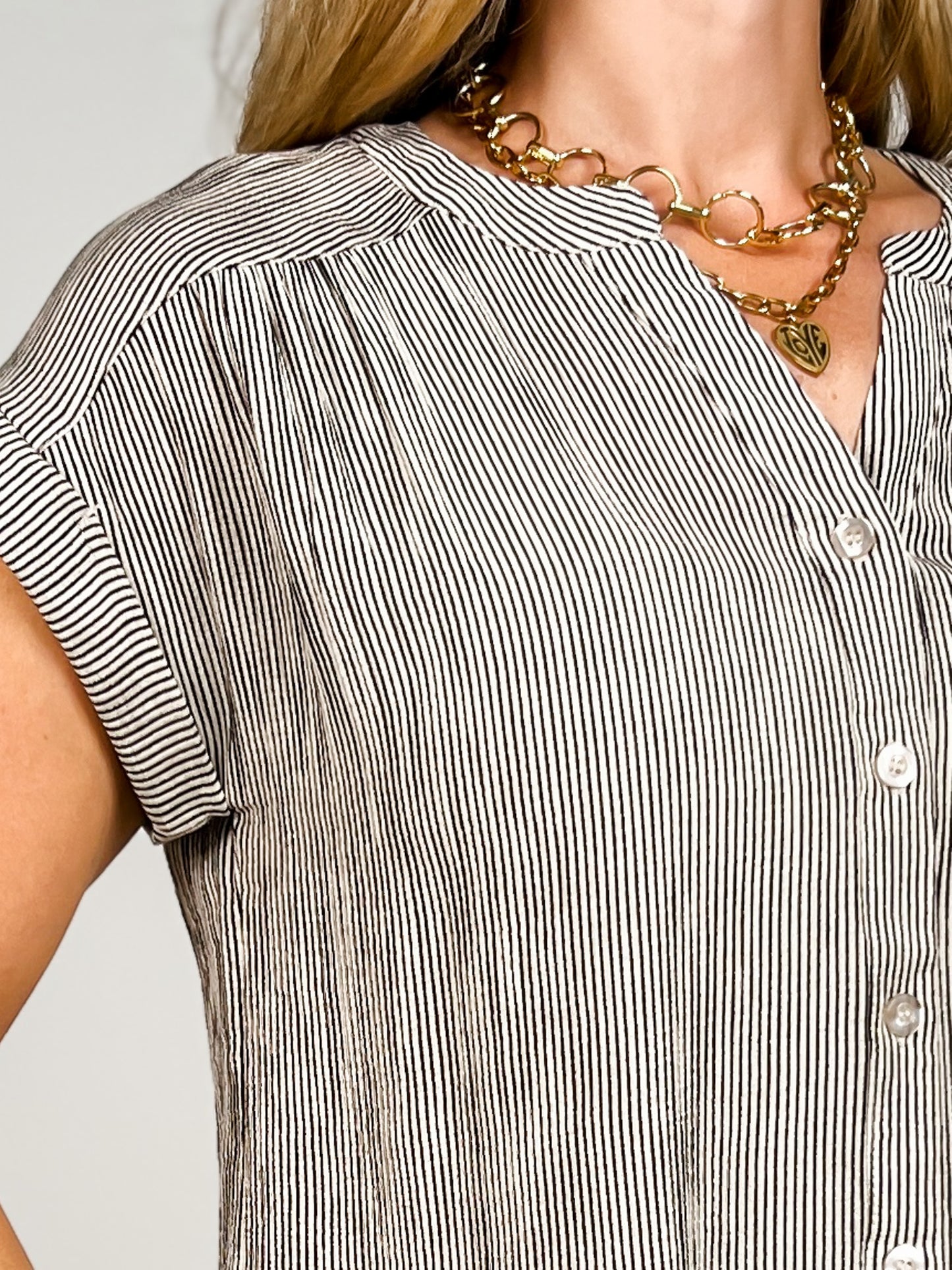 Pinstripe Short Cuffed Sleeve Button Down Top