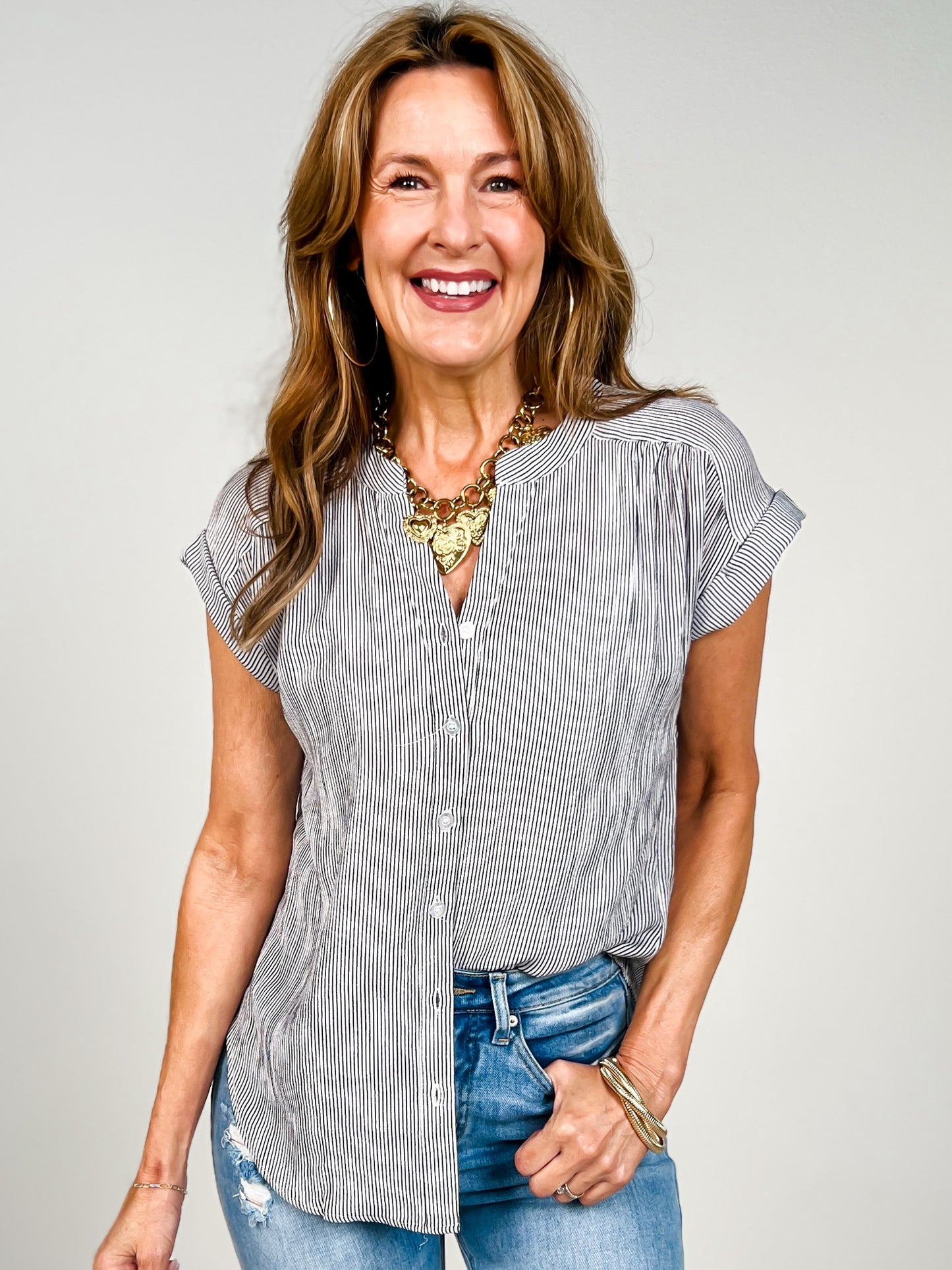 Pinstripe Short Cuffed Sleeve Button Down Top