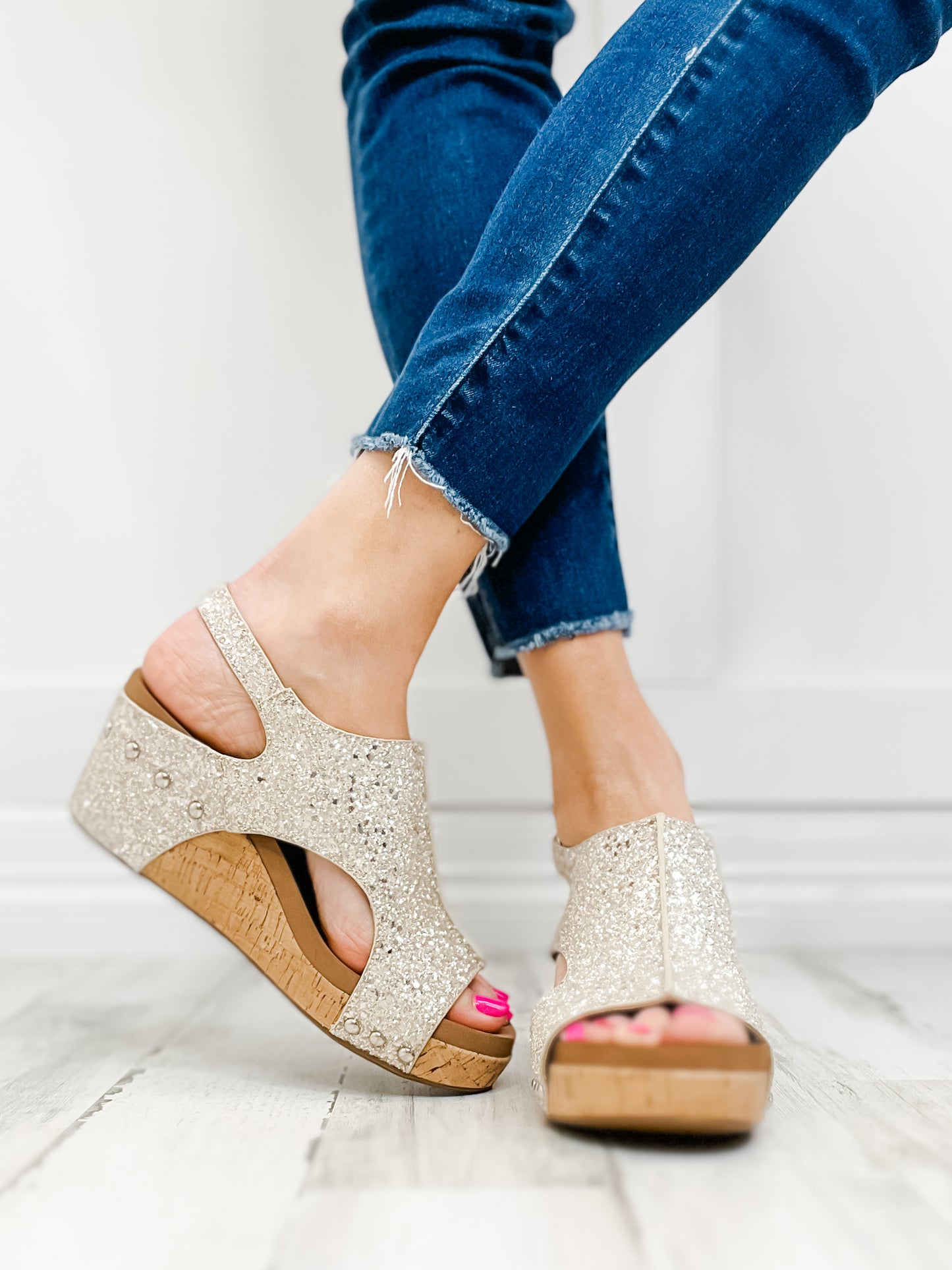 Corkys Carley Beige New Glitter Wedge Sandals