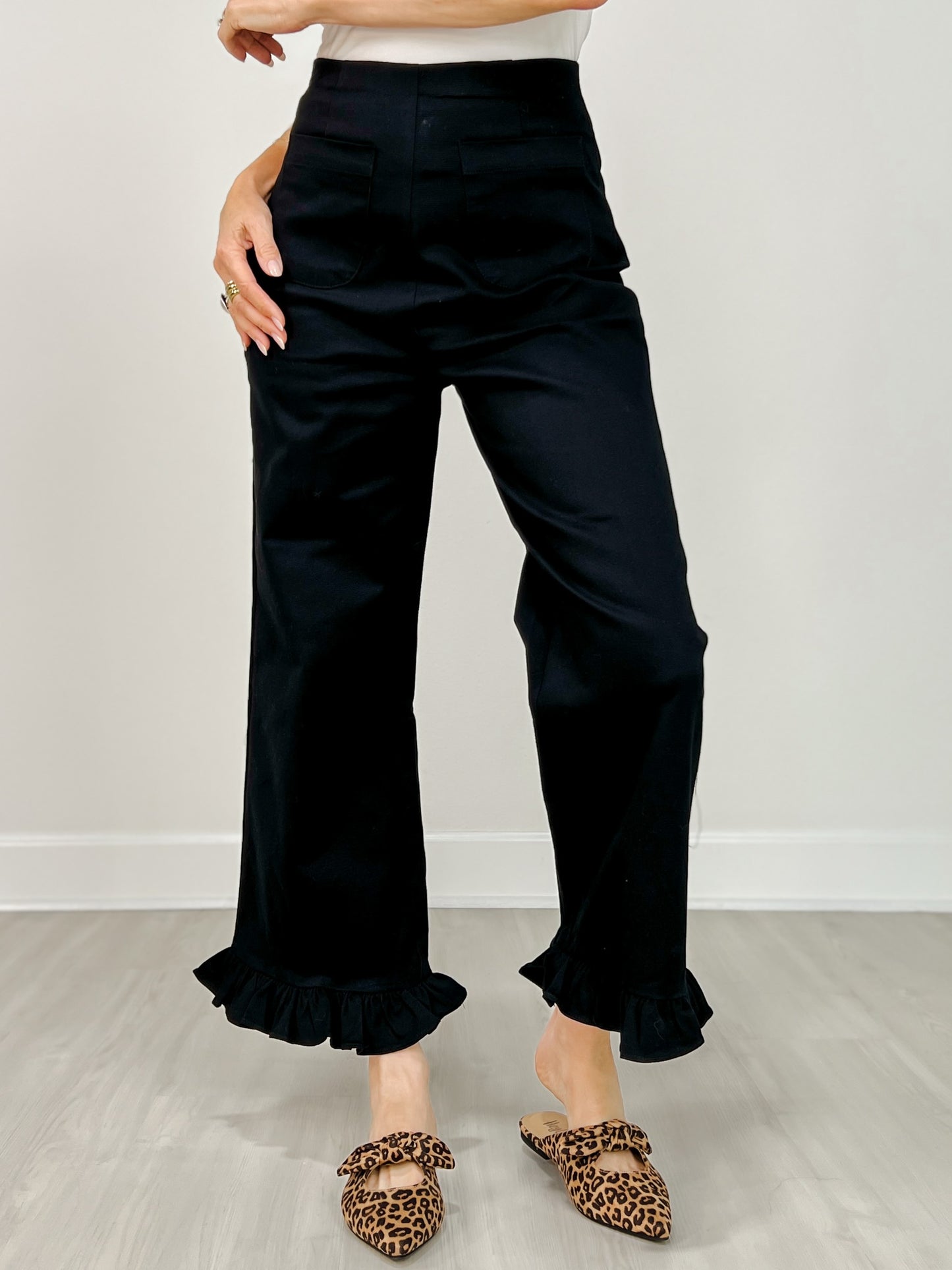 Stretch Front Pocket Ruffle Hem Twill Pants