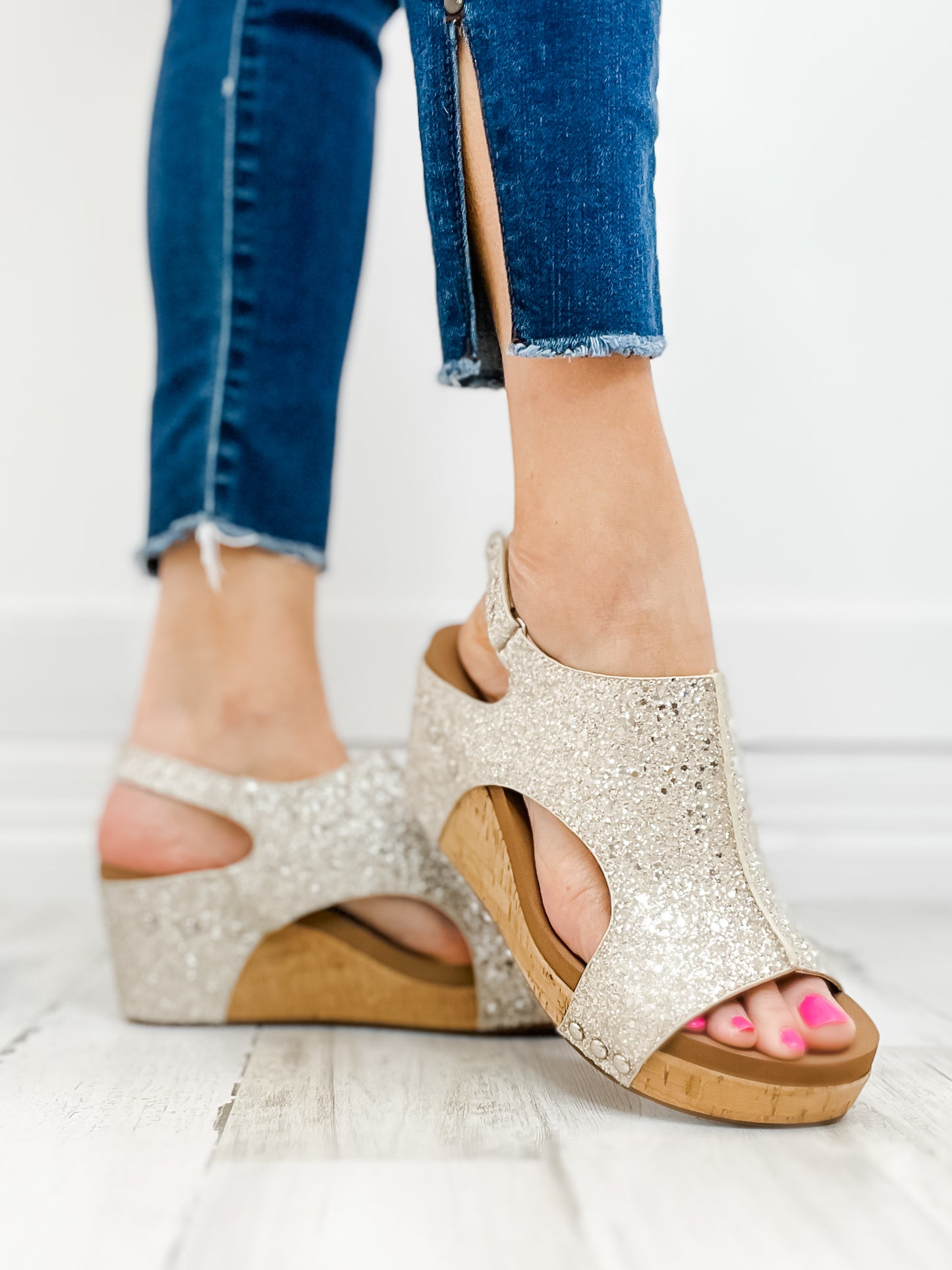 Corkys Carley Beige New Glitter Wedge Sandals