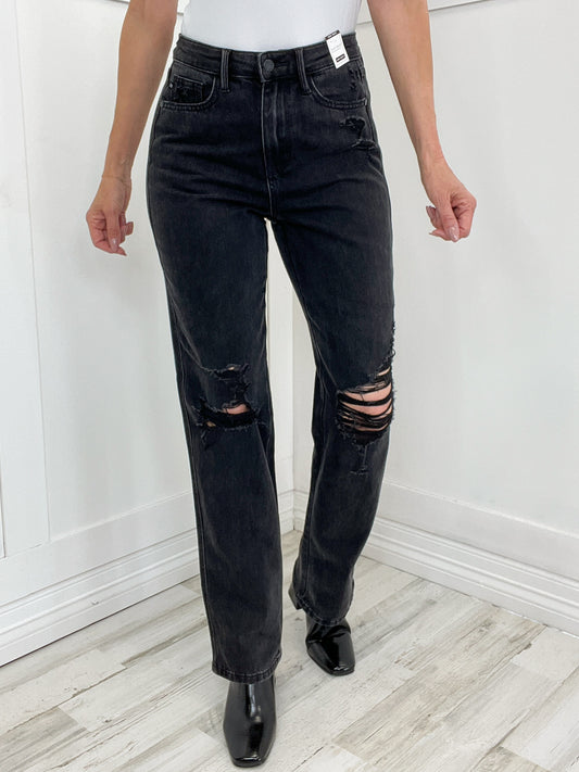 Judy Blue "Donna" Hi-Rise Rigid Magic 90's Distressed Knee Straight Black Denim Jeans