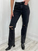 Judy Blue "Donna" Hi-Rise Rigid Magic 90's Distressed Knee Straight Black Denim Jeans