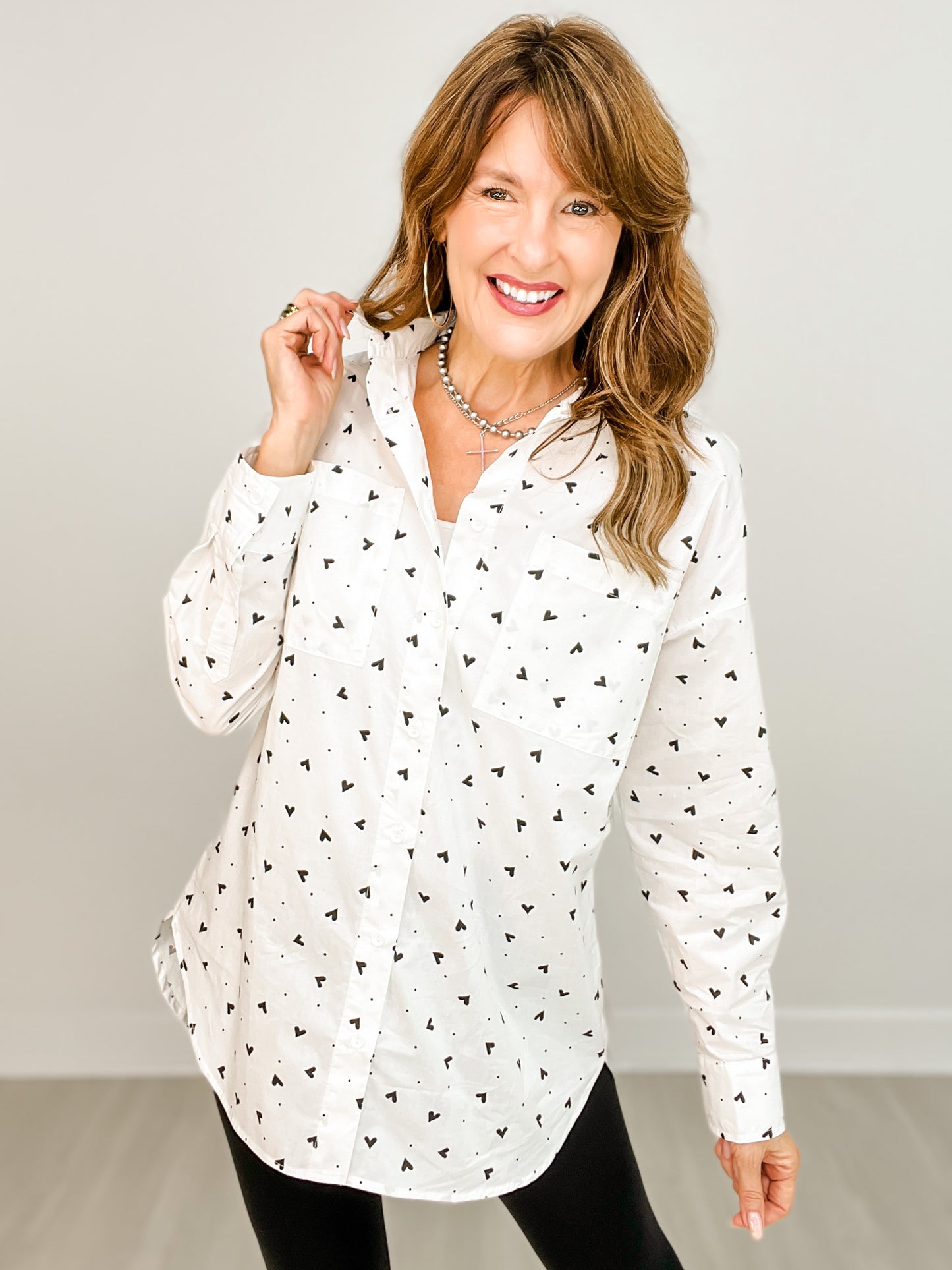 Long Sleeve Button Down Polka Dot Knit Top