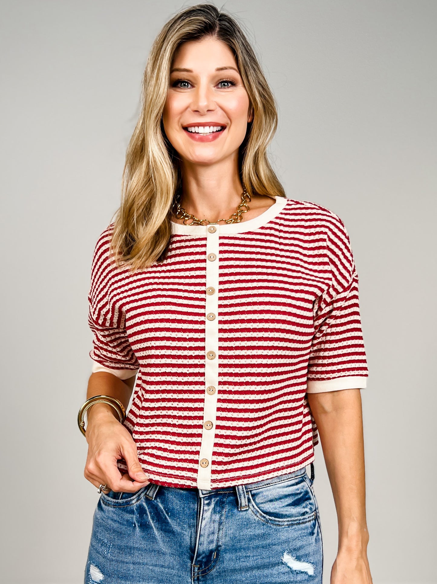 Striped Button Down Short Sleeve Thermal Top