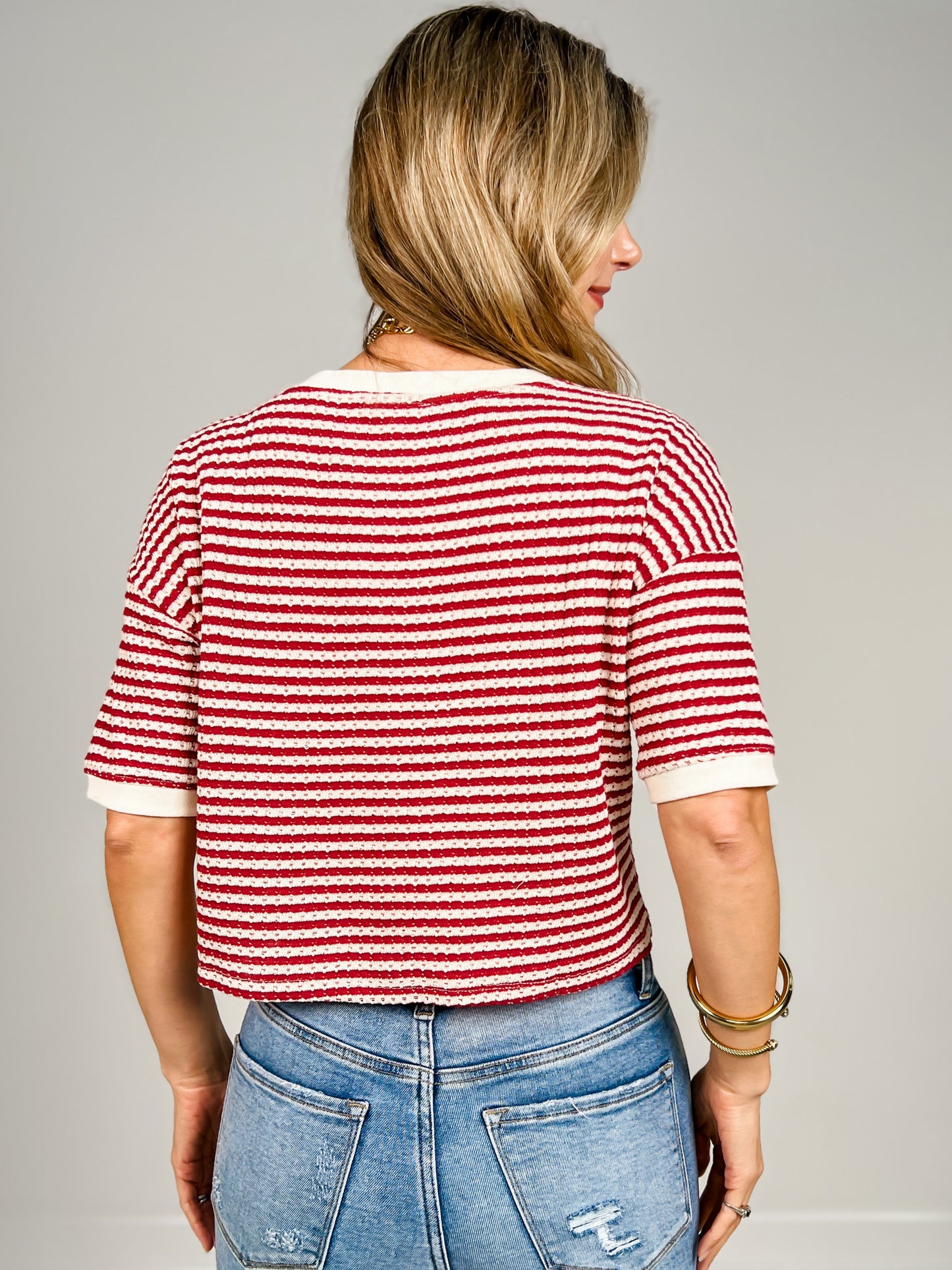 Striped Button Down Short Sleeve Thermal Top