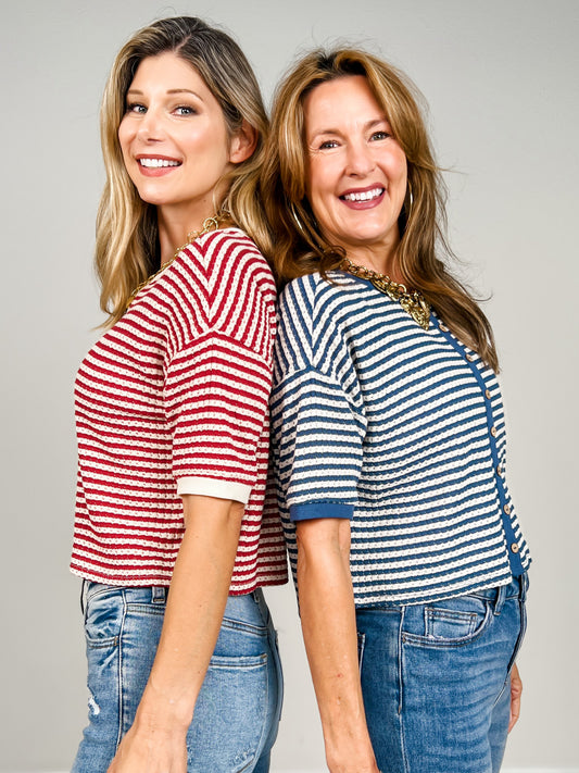 Striped Button Down Short Sleeve Thermal Top