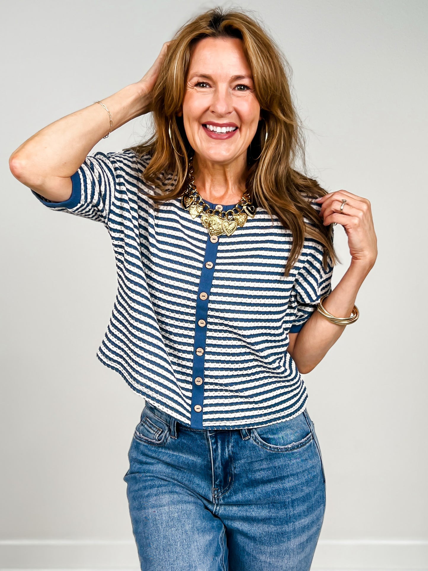 Striped Button Down Short Sleeve Thermal Top