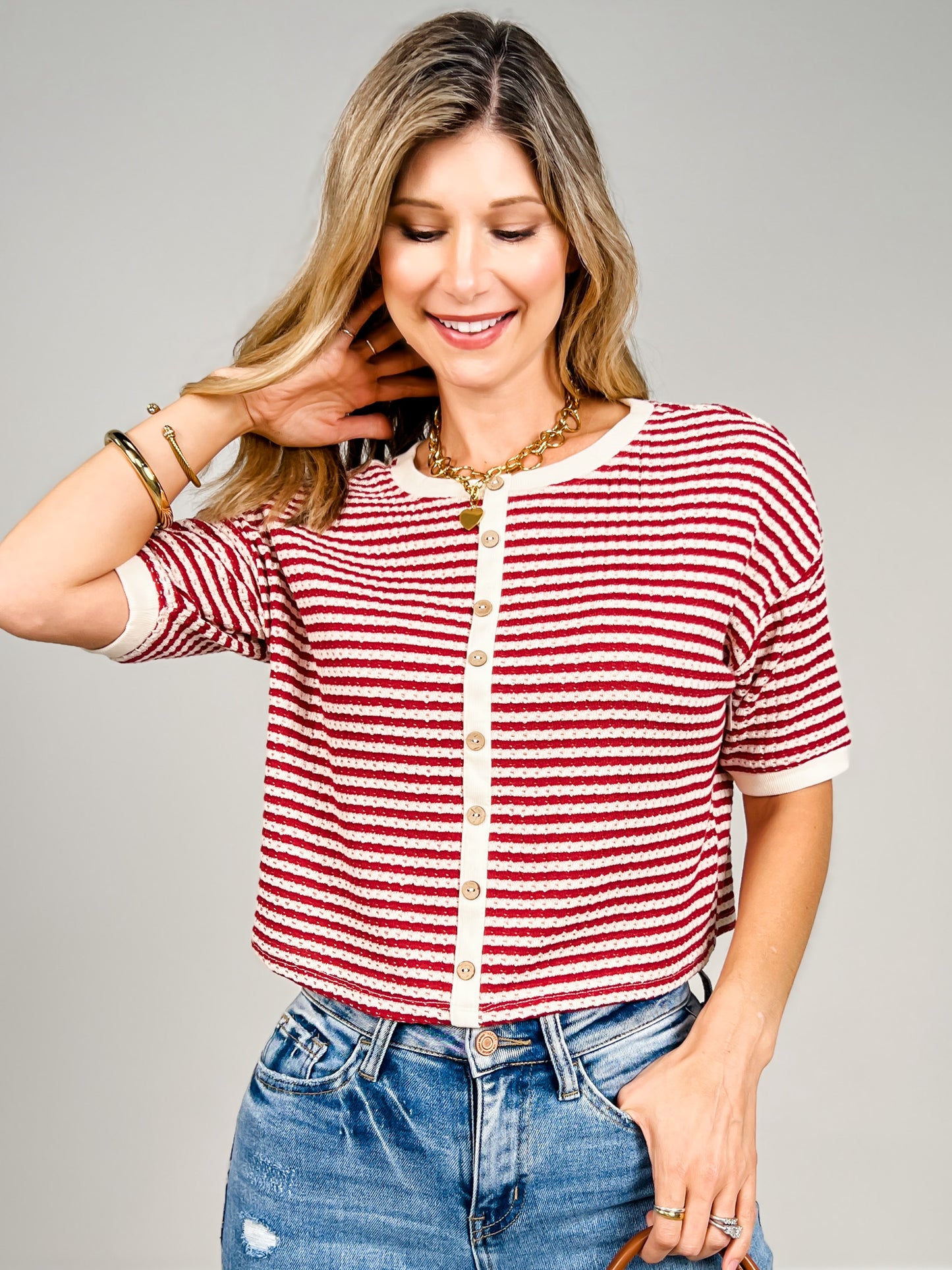 Striped Button Down Short Sleeve Thermal Top