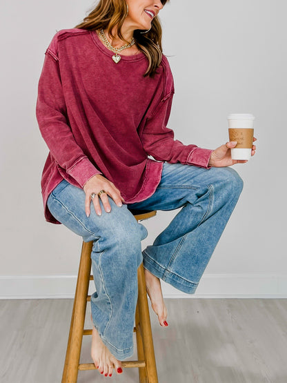 Mineral Washed Elbow Patch Contrast Knit Top