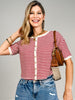 Striped Button Down Short Sleeve Thermal Top