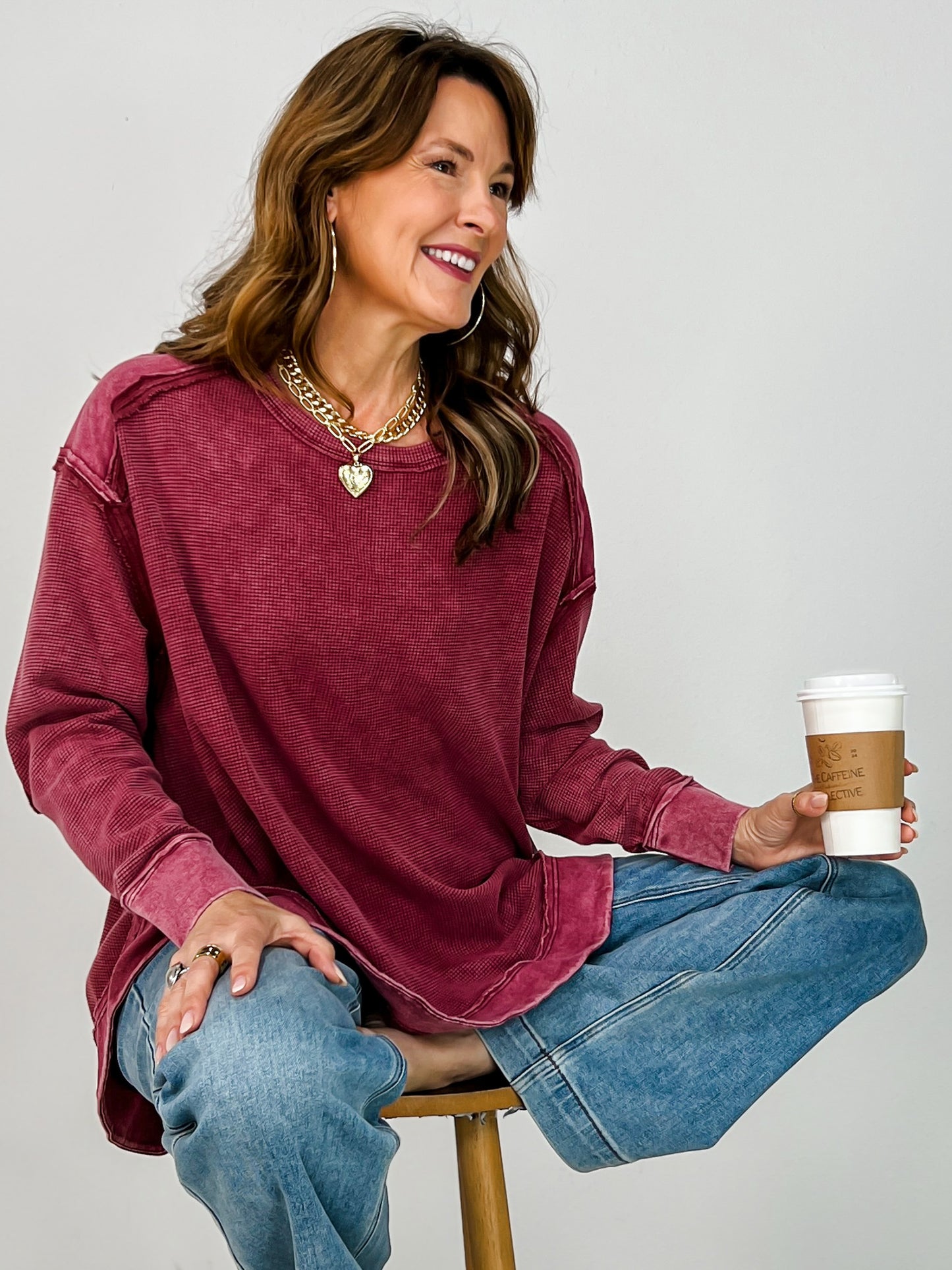 Mineral Washed Elbow Patch Contrast Knit Top