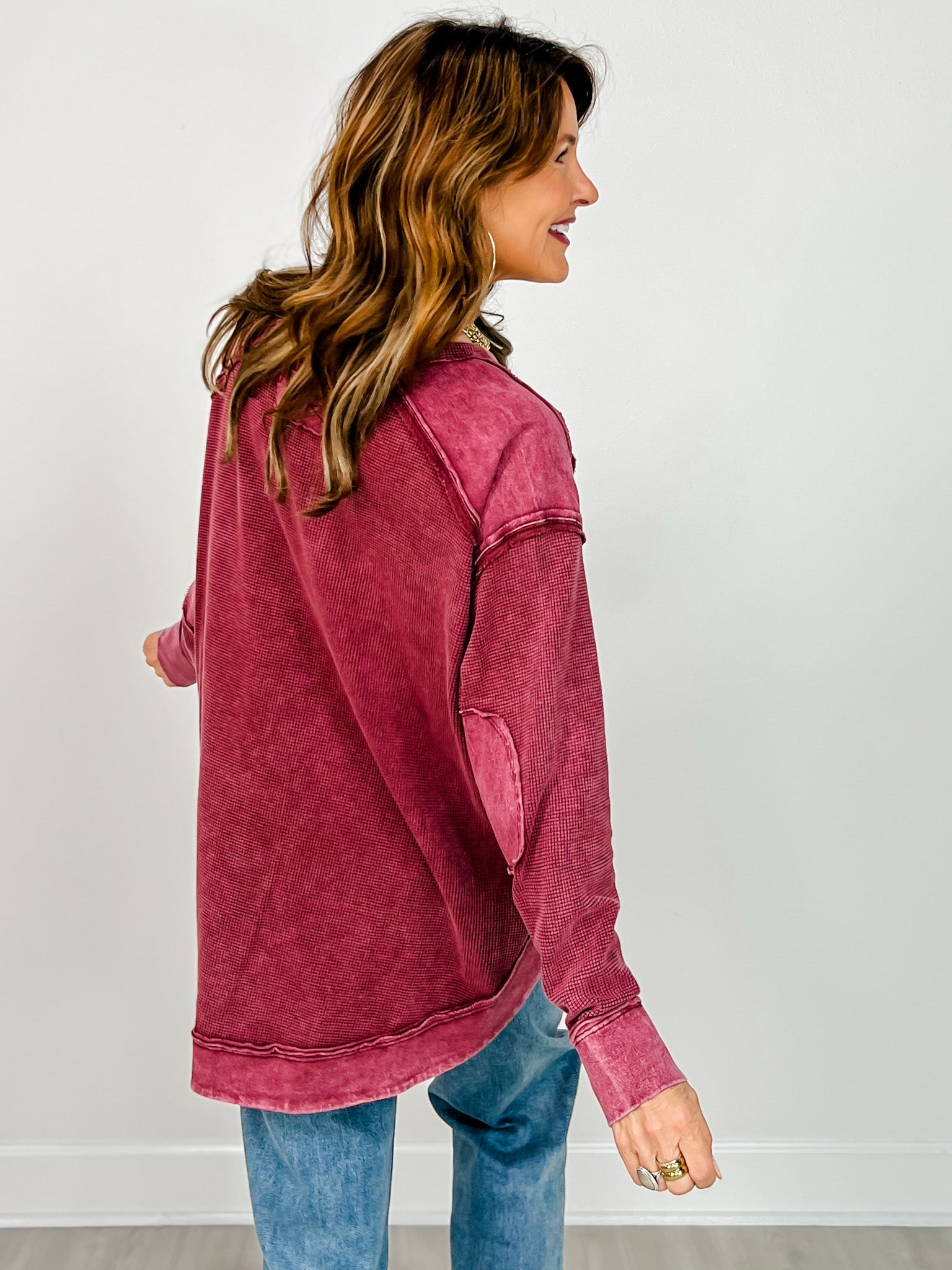 Mineral Washed Elbow Patch Contrast Knit Top