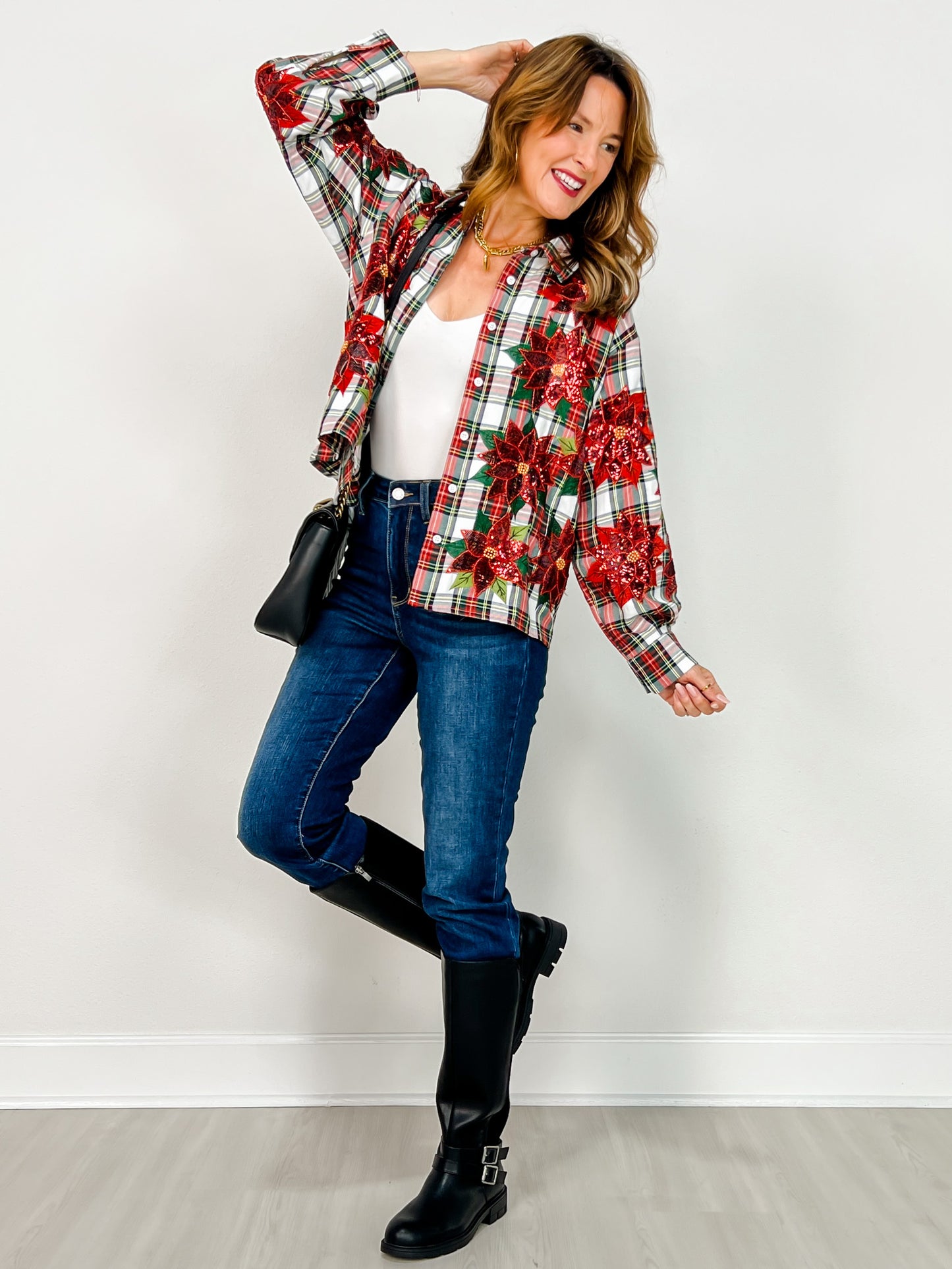 Queen of Sparkles Plaid Button Up Poinsettia Top