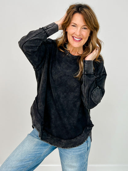 Mineral Washed Elbow Patch Contrast Knit Top