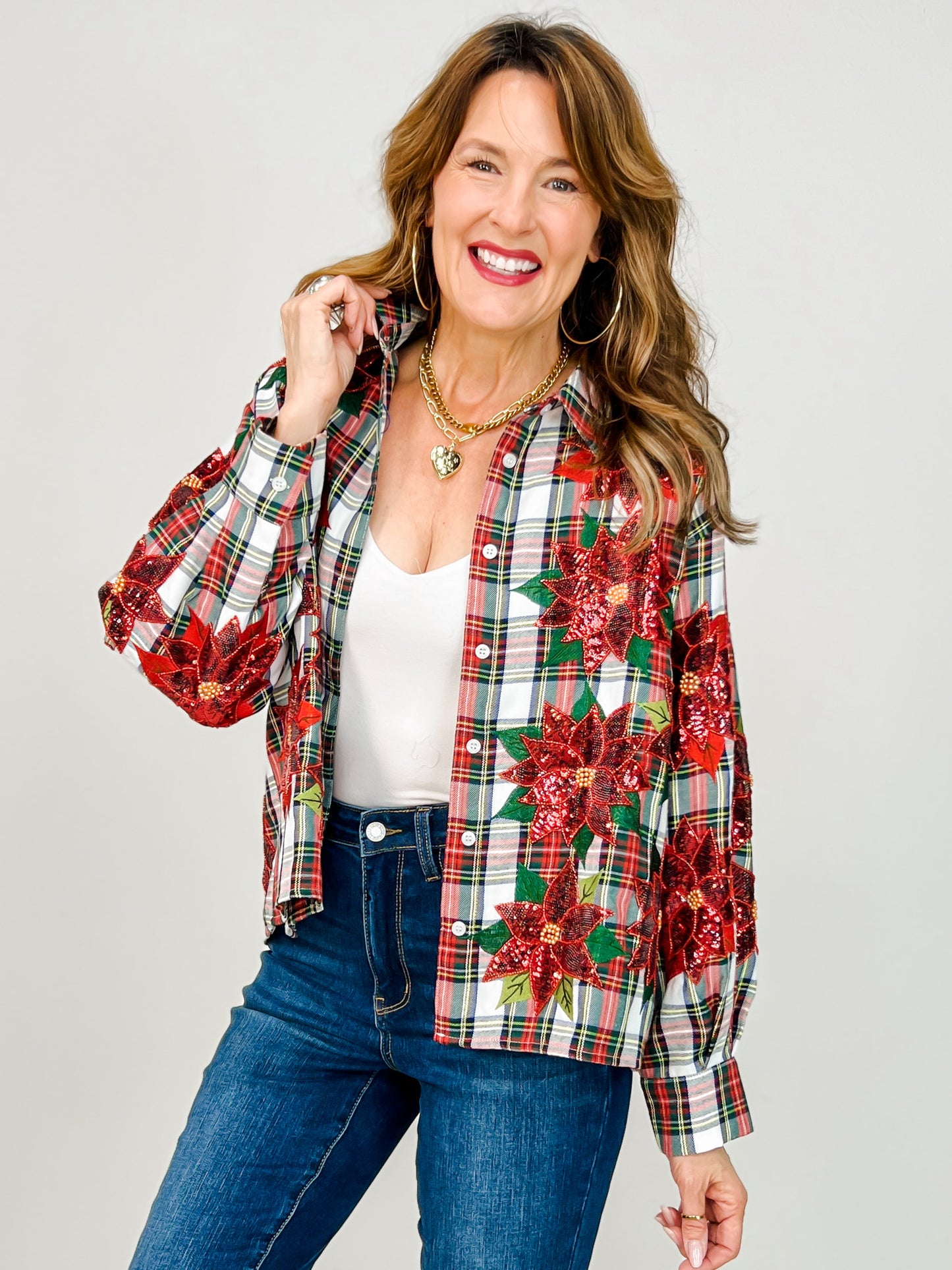 Queen of Sparkles Plaid Button Up Poinsettia Top