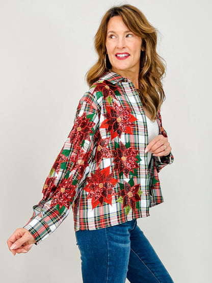 Queen of Sparkles Plaid Button Up Poinsettia Top