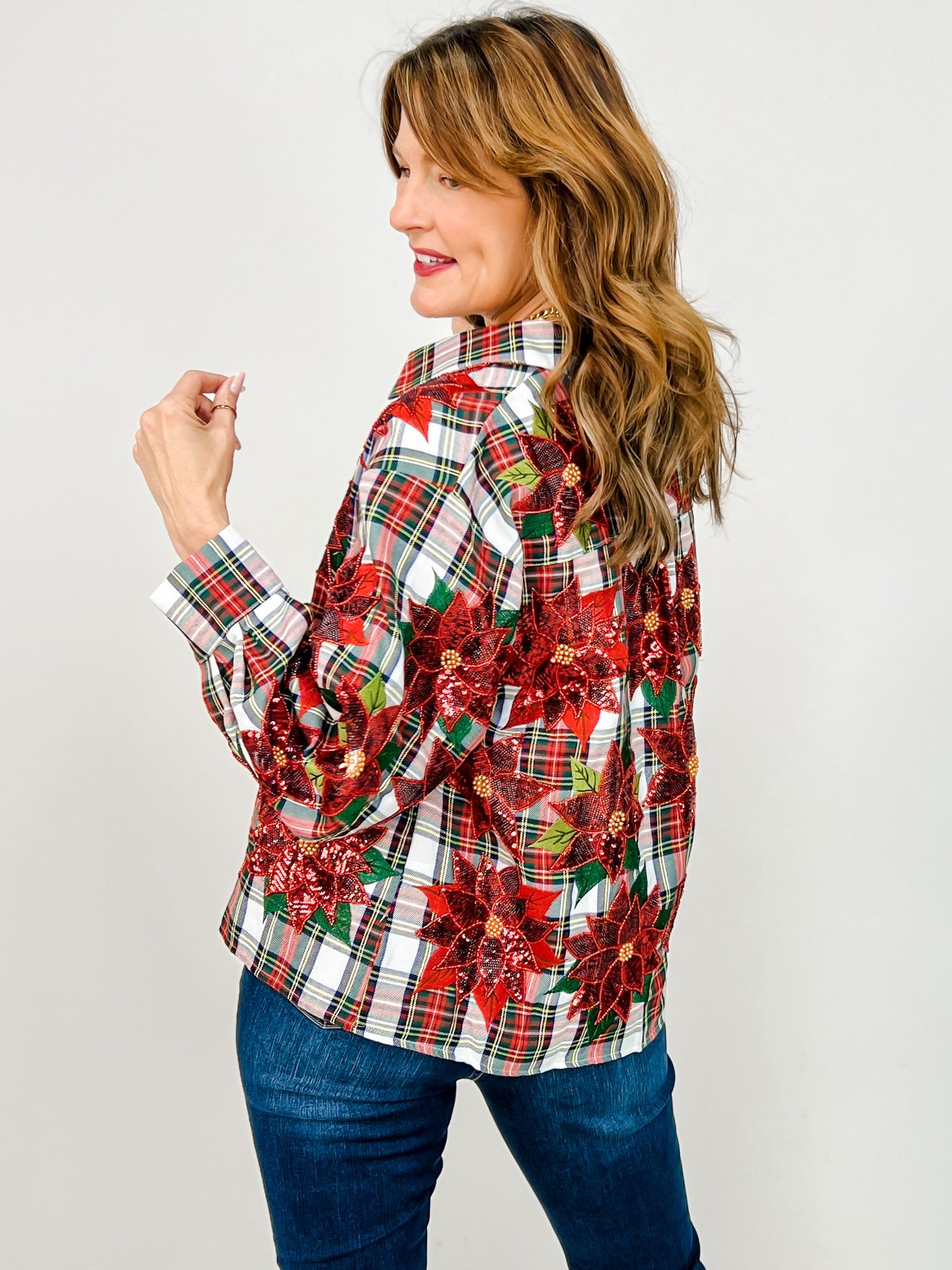 Queen of Sparkles Plaid Button Up Poinsettia Top