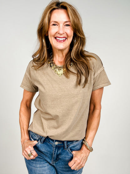 Exposed Seam Raw Edge Short Sleeve Top-GRP A