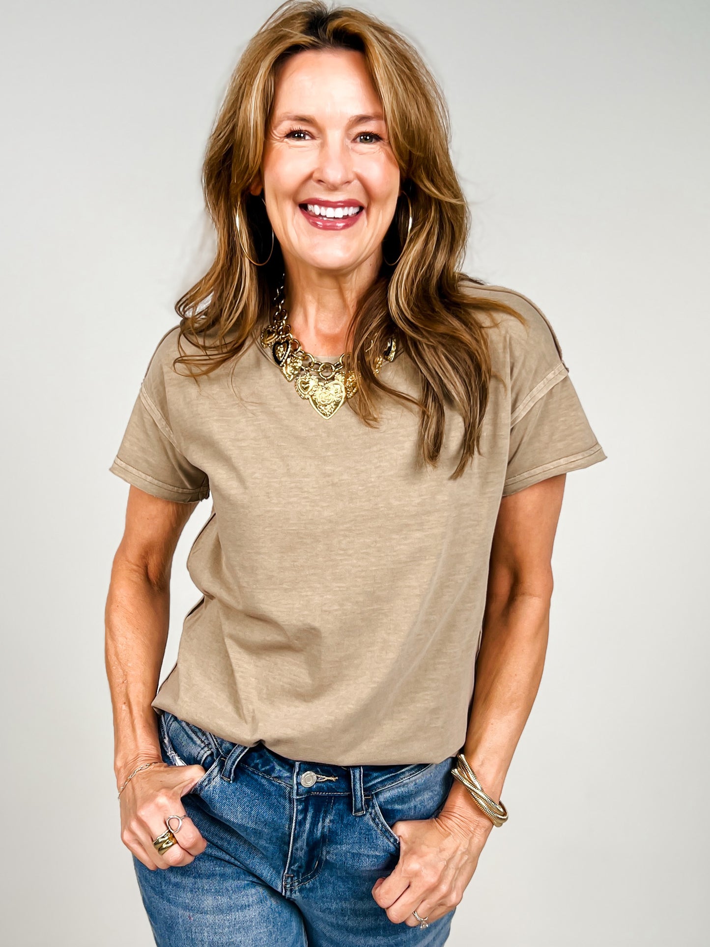 Exposed Seam Raw Edge Short Sleeve Top-GRP A