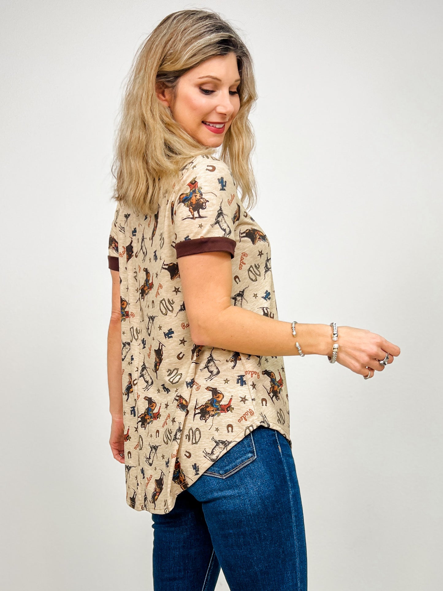 Cowboy Print V Neck Relaxed Fit Short Sleeve Top