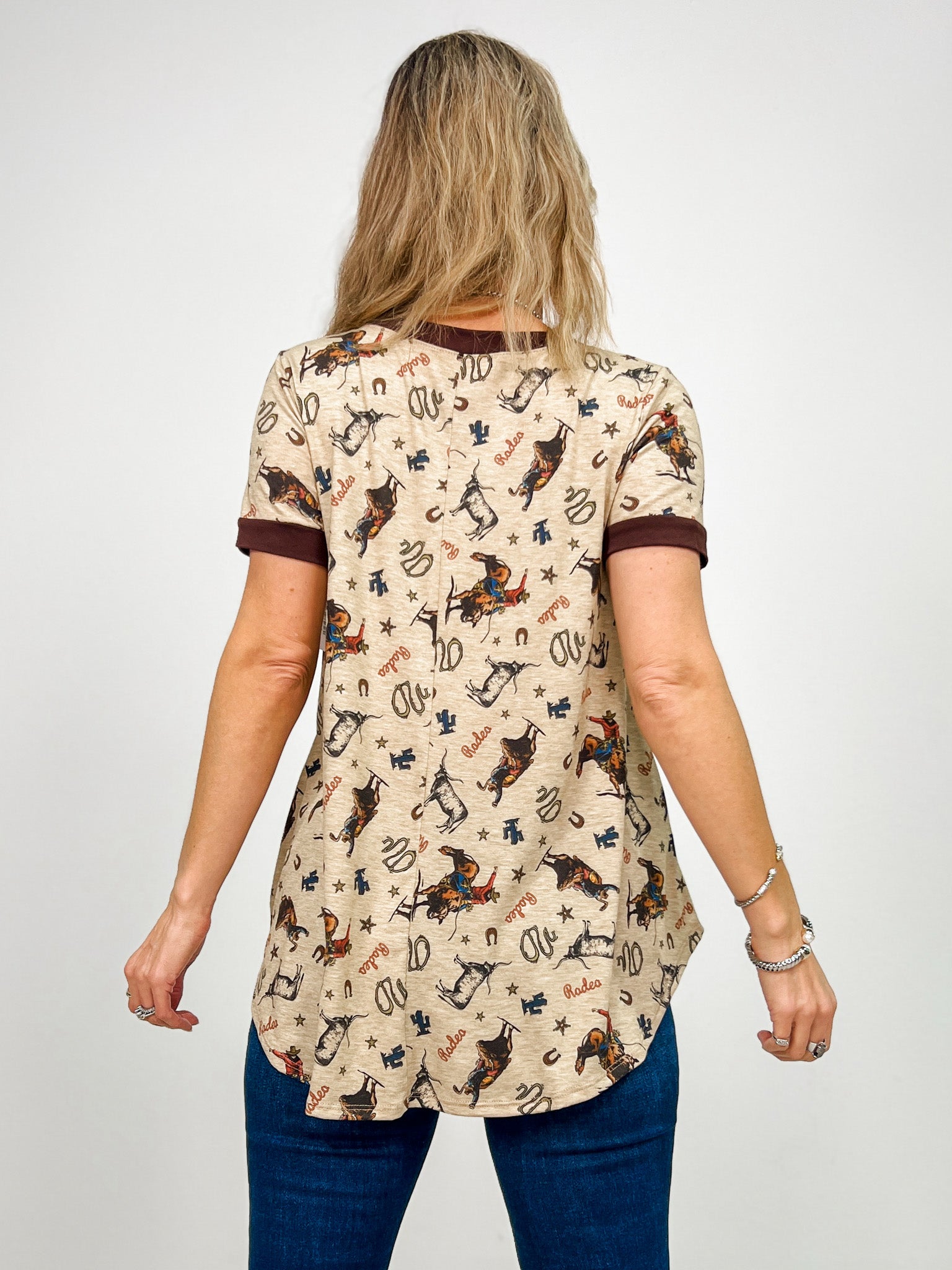 Cowboy Print V Neck Relaxed Fit Short Sleeve Top