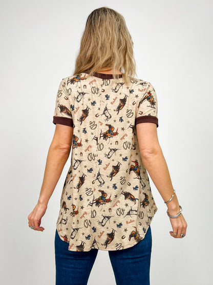 Cowboy Print V Neck Relaxed Fit Short Sleeve Top