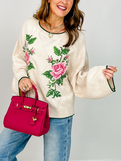 Rose Embroidery Jacquard Knit Sweater