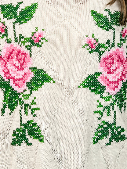 Rose Embroidery Jacquard Knit Sweater